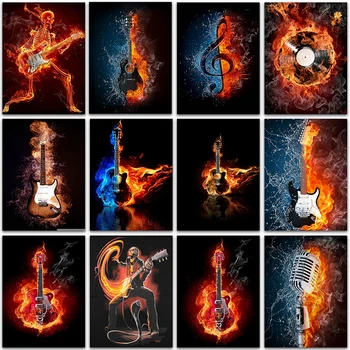5D САМ Диамантена Живопис Комплект Боя пламък китара пейзаж музика начало декор изкуство Пълна Квадратна и Кръгла бродерия мозайка кръст бод