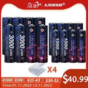 AJNWNM AA 1,5 Акумулаторна Батерия 3000 МВтч + 1,5 ААА Акумулаторна Батерия 1000 МВтч Литиева Батерия AA AAA Батерии за играчки