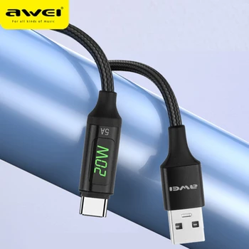 Awei CL-123L PD 20 W/5A Type-C-USB Кабел за Бързо Зареждане на Телефони Led Дигитален Дисплей Мощност За iPhone, iPad, Macbook Samsung Xiaomi