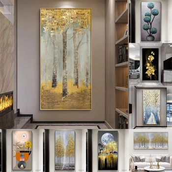 Голям Размер Скандинавски Ретро Абстрактен Златен Плакат с Богат Дърво Платно Картина на Стената Художествени Картини за Хола Куадрос Начало Декор