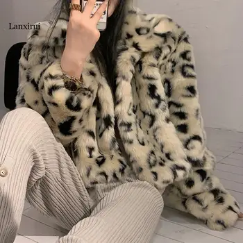есен-зима кожа палто кратки ежедневни леопардовый полушубок тънък носи в джоба си големи Теди палто Женски
