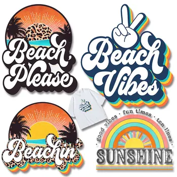 Илюстрация на Плажа на Залез слънце Печатни Гладене На Дрехи Теплопередача PVC Кръпка лесен за използване направи си САМ украса