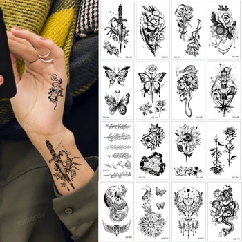малка татуировка стикер черно цвете, пеперуда, змия аниме временна татуировка върху пръста на ръцете глезена, китката фалшива татуировка за жени деца