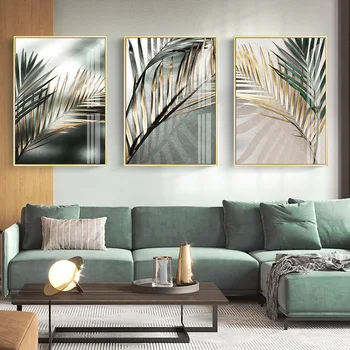 Модерни Тропически Зелени и Златни Палмови Листа Платно Картина на Стената Артистични Щампи Плакат Хол Домашен Интериор
