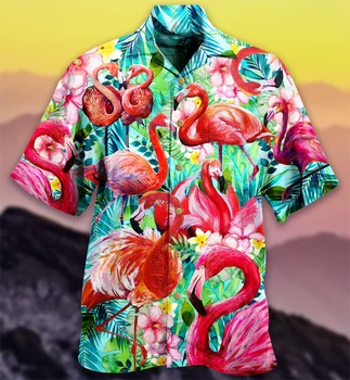 Хавайска Риза с 3D Принтом фламинго, Кубинска Риза с Къси ръкави, Плажно Облекло Y2K, Ежедневно Облекло в Ретро Стил за Мъже И Жени